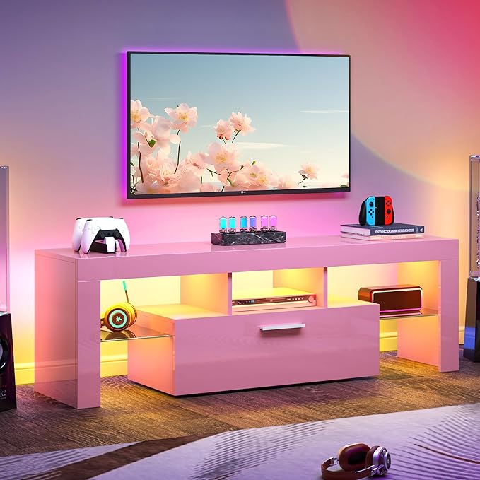 Clikuutory Pink LED TV Stand with Large Storage Drawer for 32 40 50 55 Inch TVs, Modern High gloss TV Console Table with Entertainment Center for Living Room, Bedroom, Pink - LeafyLoom