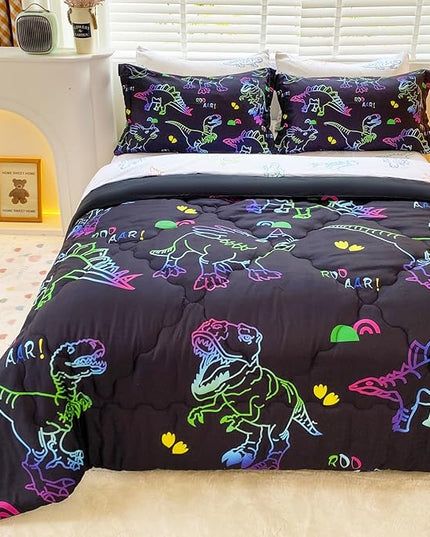 7 Piece Dinosaur Comforter Set -Twin Size for Boys 3D Print Sketch Dinosaur Bedding Set Bed in A Bag for Kids Teens Rainbow-Colored Gradient Line Animal Comforter - LeafyLoom