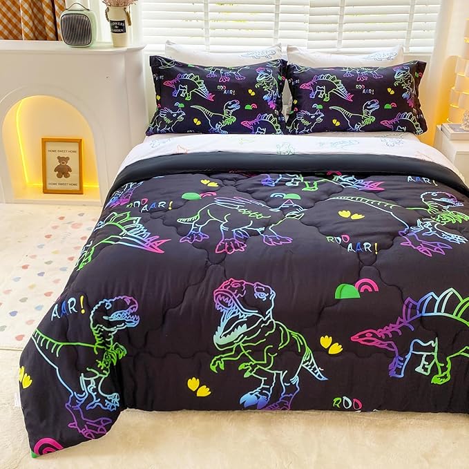 7 Piece Dinosaur Comforter Set -Twin Size for Boys 3D Print Sketch Dinosaur Bedding Set Bed in A Bag for Kids Teens Rainbow-Colored Gradient Line Animal Comforter - LeafyLoom