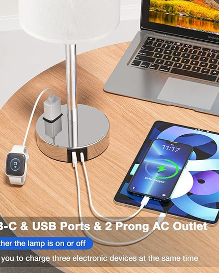 Touch Lamps for Bedrooms Set of 2 White - 3 Way Dimmable Bedside Lamp with USB C and A Ports and Outlets, Modern Nightstand Lamp with Linen Shade and Silver Base, Small Table Lamps for Kids Nursery - LeafyLoom
