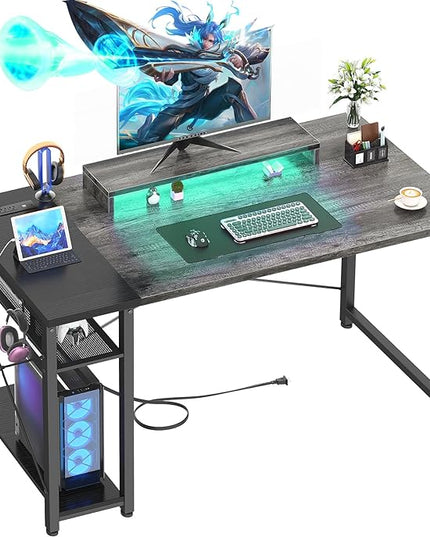 39.4'' Gaming Desk with LED, 39 Computer Desk with Outlets, Small Desk for Small Space, Simple Study Student Writing Desk with Monitor Stand, Laptop Table for Home Office, Grey and Black - LeafyLoom