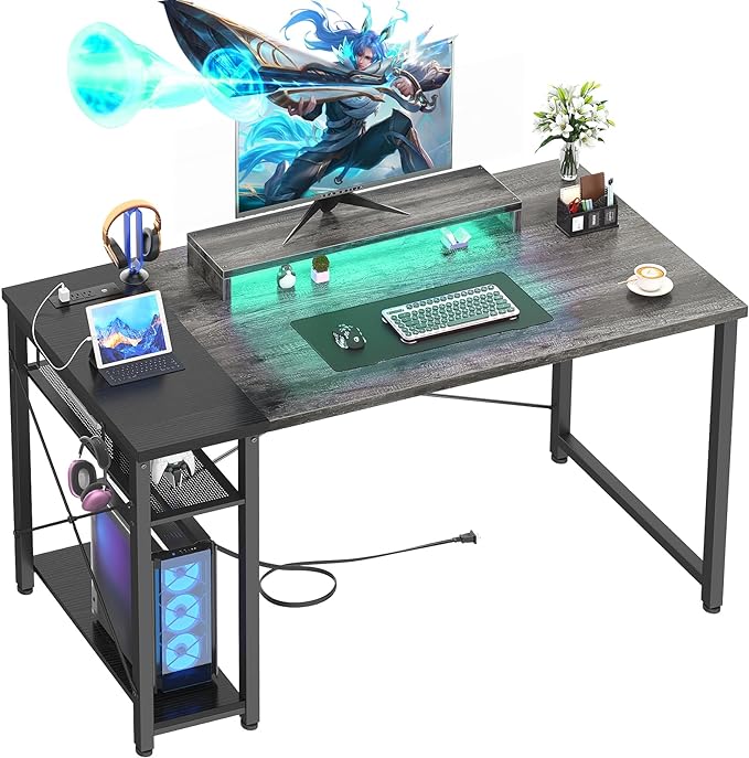 39.4'' Gaming Desk with LED, 39 Computer Desk with Outlets, Small Desk for Small Space, Simple Study Student Writing Desk with Monitor Stand, Laptop Table for Home Office, Grey and Black - LeafyLoom