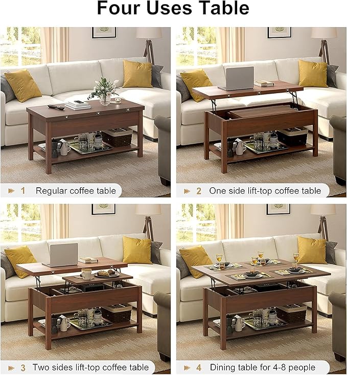 FABATO Lift Top Coffee Table, 4-in-1 Multi-Function Convertible Coffee Table with Storage, Coffee Table Converts to Dining Table for Living Room Reception Room Office, Espresso - LeafyLoom
