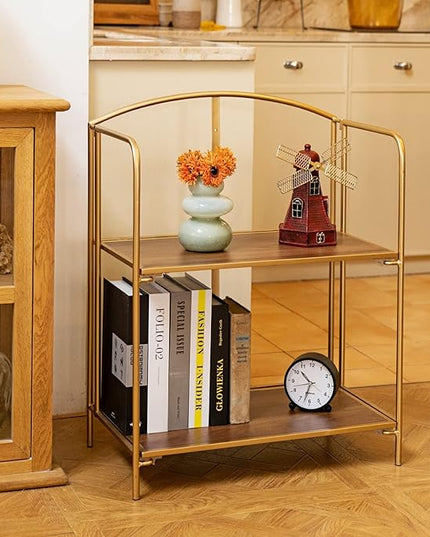 No Assembly Folding Bookshelf for Living Room, 2 Tier Gold Collapsible Book Shelf for Home Office, Portable Bookcase Storage Organizer - LeafyLoom