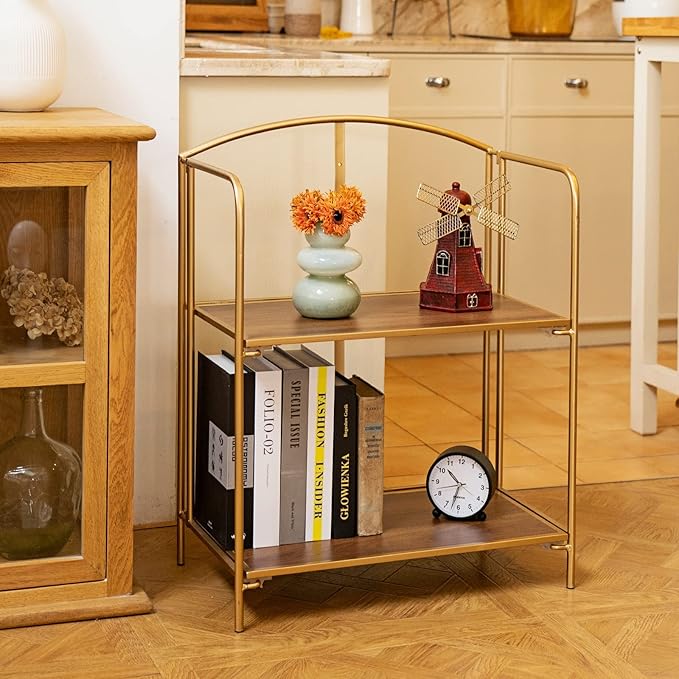 No Assembly Folding Bookshelf for Living Room, 2 Tier Gold Collapsible Book Shelf for Home Office, Portable Bookcase Storage Organizer - LeafyLoom