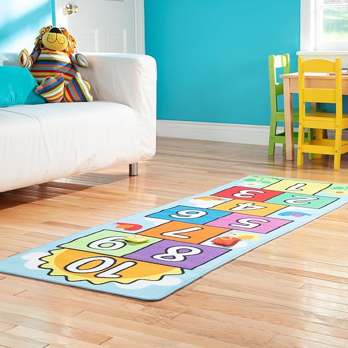 Melissa & Doug Hop & Count Hopscotch Rug (Play Space & Room Decor, Skid-Proof Backing, 27” H x 5.5” W x 5.5” L) - Classic Hopscotch Rug For Kids - LeafyLoom