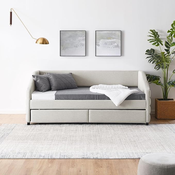 Linen Upholstered Twin Size Daybed with Two Storage Trundle Drawers, Solid Wood Tufted Sofa Bed Frame for Bedroom, Guest Room, Dorm, No Box Spring Needed, Space-Saving Design, Beige - LeafyLoom