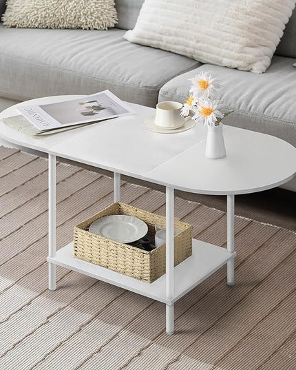 White Coffee Tables for Living Room,2-Tier Small Coffee Table Industrial Modern Oval Center Table with Storage Shelf and Wood Tabletop,for Small Space,Home Office - LeafyLoom