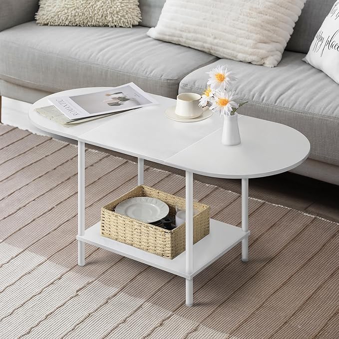 White Coffee Tables for Living Room,2-Tier Small Coffee Table Industrial Modern Oval Center Table with Storage Shelf and Wood Tabletop,for Small Space,Home Office - LeafyLoom