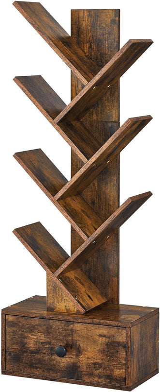 7 Tier Tree Bookshelf with Drawer, Tree Bookcase, Floor Standing Tall Wood Bookshelves for Bedroom, Living Room, Home Office, Rustic Brown - LeafyLoom