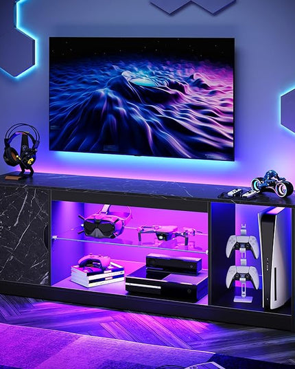Bestier LED TV Stand for 55/60/65 Inch TV, Gaming Entertainment Center with Cabinet for PS5, Modern TV Cabinet with Adjustable Glass Shelves for Living Room, Bedroom 58 Inch,Black Marble - LeafyLoom