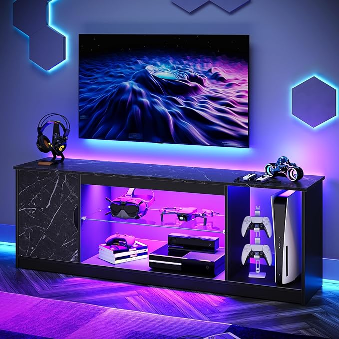 Bestier LED TV Stand for 55/60/65 Inch TV, Gaming Entertainment Center with Cabinet for PS5, Modern TV Cabinet with Adjustable Glass Shelves for Living Room, Bedroom 58 Inch,Black Marble - LeafyLoom