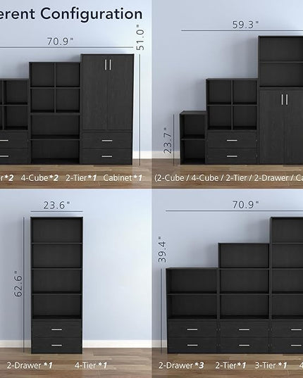 Apexa Stackable Wood Bookcase with Doors, Cube Storage Organizer Shelves, Small Food Pantry, Dorm Teen Room Decor & Bedroom, Home Office, Kitchen, 3-Tier Cabinet, Black - LeafyLoom