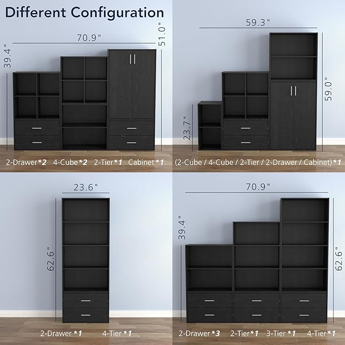 Apexa Stackable Wood Bookcase with Doors, Cube Storage Organizer Shelves, Small Food Pantry, Dorm Teen Room Decor & Bedroom, Home Office, Kitchen, 3-Tier Cabinet, Black - LeafyLoom