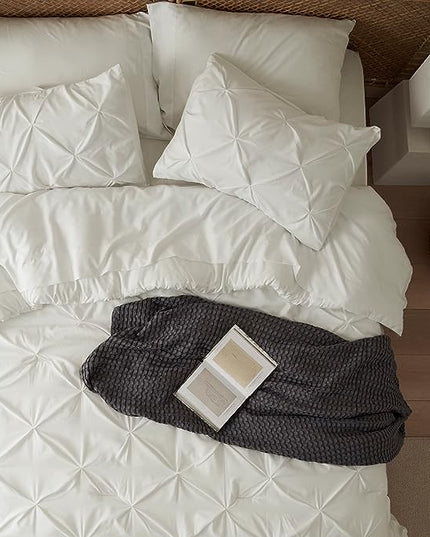 Bedsure King Size Comforter Set - Bedding Set King 7 Pieces, Pintuck Bed in a Bag Ivory Bed Set with Comforter, Sheets, Pillowcases & Shams - LeafyLoom