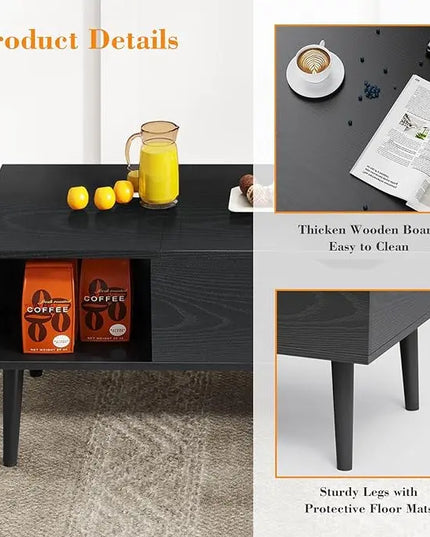 Coffee Table, Lift Top Coffee Tables for Living Room, Small Modern Wooden Center Tables with Storage Shelf and Hidden Compartment - LeafyLoom