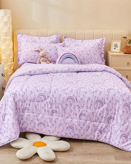 Mooreeke Queen Size Comforter Sets for Girls Kids, 8 Pieces Bed in a Bag Purple Love Heart Rainbow Bedding Comforter Sheet Set with Shams and Decorative Toy Pillow, Ultral Soft Microfiber Kids Bed Set - LeafyLoom