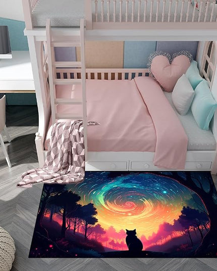 Moon Black Cat Rug - Mystical Stary Night Cat Rug for Kids Bedroom Colorful Black Cat Rug Decor Room Cat Door Mats Outdoor Entrance, 3x5 Feet - LeafyLoom