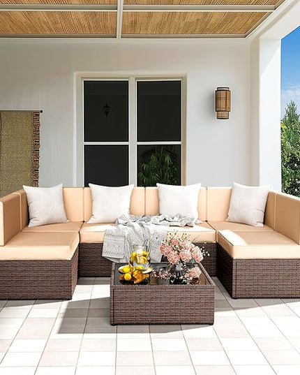 Pamapic 7 Piece Modular Outdoor Sectional, UV Protection Rattan Patio Sectional with Coffee Table, Adjustable Outdoor Couch with Removable Waterproof Cushions Covers(Brown Sugar) - LeafyLoom