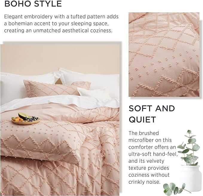 Bedsure King Size Comforter Set - Coral Pink Comforter, Boho Tufted Shabby Chic Bedding Comforter Set, 3 Pieces Farmhouse Bed Set for All Seasons, Fluffy Soft Bedding Set with 2 Pillow Shams - LeafyLoom