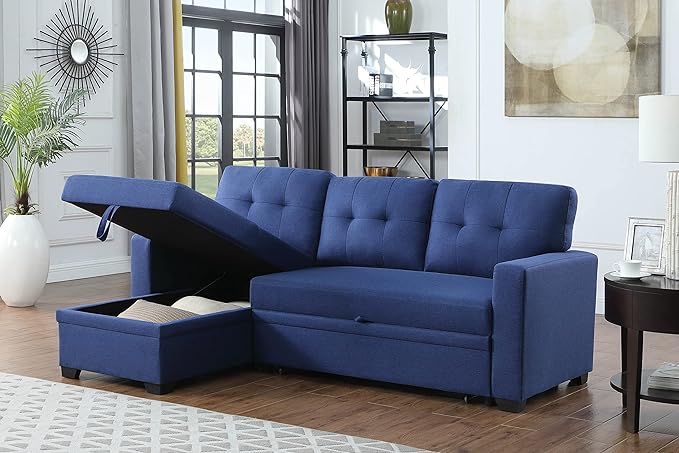 82" Sectional Sleeper Sofa with Storage Chaise,L Shaped Pull Out Couch Bed W/ 3 Removable Back Cushions and Armrest for Living Room,Apartment,Office,Blue - LeafyLoom