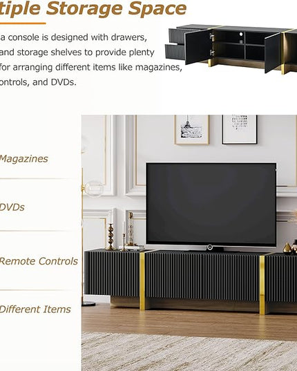 Merax Luxury Fluted TV Stand for Televisions Up to 80'', Modern Entertainment Center with Storage Cabinets & Drawers and Golden Wood Grain Legs, Smooth Media Console, for Living Room, Black - LeafyLoom
