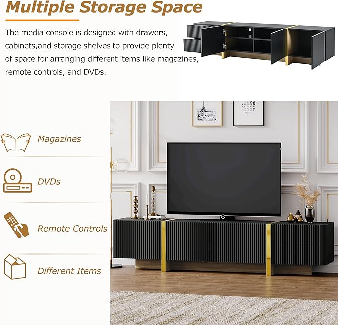 Merax Luxury Fluted TV Stand for Televisions Up to 80'', Modern Entertainment Center with Storage Cabinets & Drawers and Golden Wood Grain Legs, Smooth Media Console, for Living Room, Black - LeafyLoom