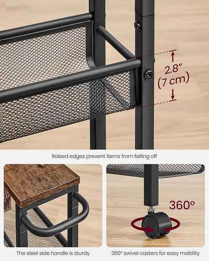 VASAGLE Slim Rolling Cart, 5-Tier Storage Cart, Narrow Cart with Handle, 5.1 Inches Deep, Metal Frame, for Kitchen, Dining Room, Living Room, Home Office, Rustic Brown and Black ULRC034B01 - LeafyLoom
