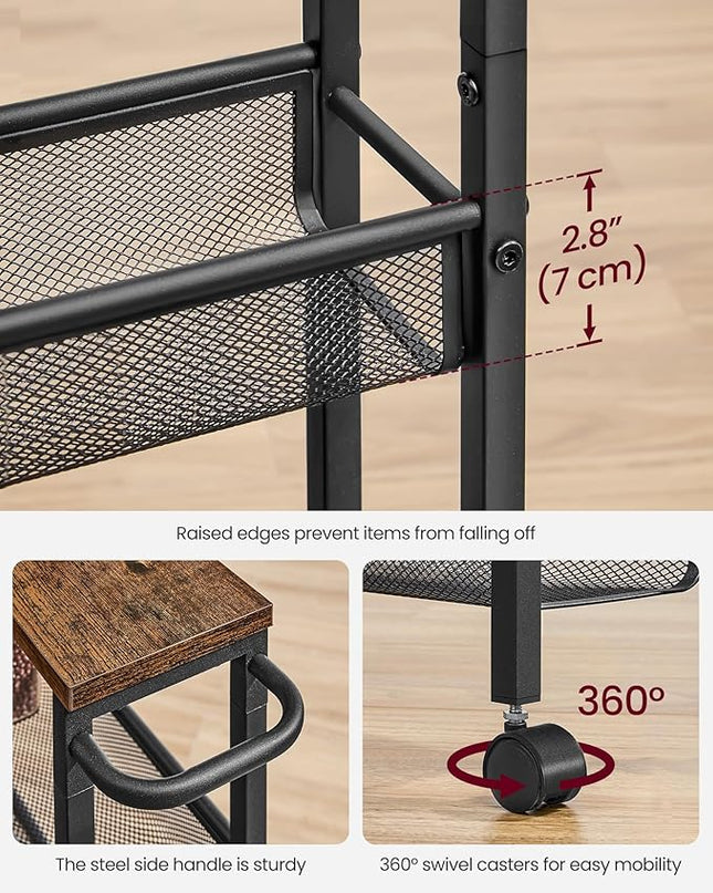 VASAGLE Slim Rolling Cart, 5-Tier Storage Cart, Narrow Cart with Handle, 5.1 Inches Deep, Metal Frame, for Kitchen, Dining Room, Living Room, Home Office, Rustic Brown and Black ULRC034B01 - LeafyLoom