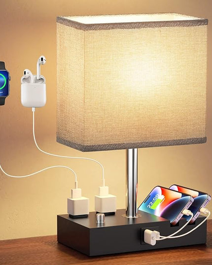 Kakanuo Fully Dimmable Nightstand Lamp for Bedroom with USB C Ports, Grey Small Bedside Table Lamp with Charging Outlets and Phone Stands, Wooden Desk Lamp for Living Room, LED Bulb Included - LeafyLoom