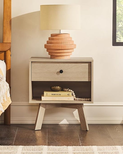 Walker Edison Mid-Century Modern 1 Nightstand Bedroom Storage Drawer and Shelf Bedside End Table, 21 Inch, Coastal Oak - LeafyLoom