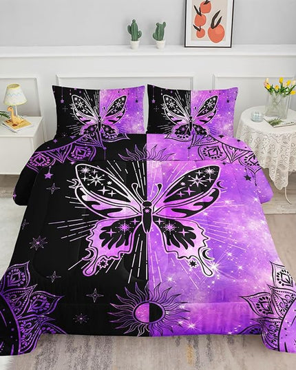 Datura home Black Purple Butterfly Comforter Set for Girls Women,Boho Butterfly Sun and Moon Mandala Printed Bedding Set with 2 Pillowcases(Black Purple Queen) - LeafyLoom