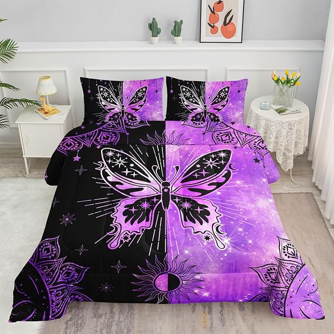 Datura home Black Purple Butterfly Comforter Set for Girls Women,Boho Butterfly Sun and Moon Mandala Printed Bedding Set with 2 Pillowcases(Black Purple Full) - LeafyLoom