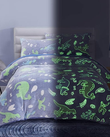 HOMBYS Glow in The Dark Comforter Set 5 Piece Twin/Twin XL with Sheets, Blue Dinosaur Velvet Bedding Comforter Sets for Twin Bed, Ultra Soft Down Alternative Comforter for Boys Kids, Bed in a Bag - LeafyLoom