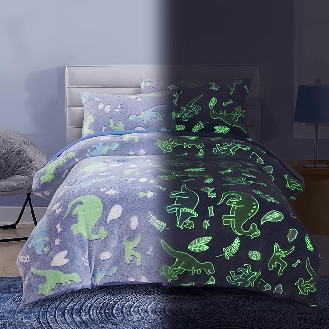HOMBYS Glow in The Dark Comforter Set 5 Piece Twin/Twin XL with Sheets, Blue Dinosaur Velvet Bedding Comforter Sets for Twin Bed, Ultra Soft Down Alternative Comforter for Boys Kids, Bed in a Bag - LeafyLoom