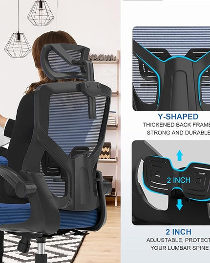 𝑯𝑶𝑴𝑬 𝑶𝑭𝑭𝑰𝑪𝑬 𝑪𝑯𝑨𝑰𝑹, Ergonomic Mesh Desk Chair, High Back Computer Chair- Adjustable Headrest with Flip-Up Arms, Lumbar Support, Swivel Executive Task Chair (Portimao Blue, Modern) - LeafyLoom