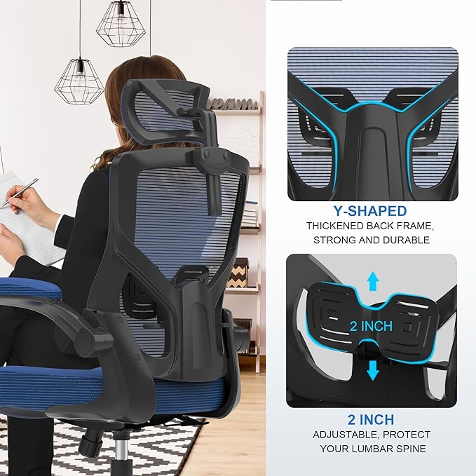 𝑯𝑶𝑴𝑬 𝑶𝑭𝑭𝑰𝑪𝑬 𝑪𝑯𝑨𝑰𝑹, Ergonomic Mesh Desk Chair, High Back Computer Chair- Adjustable Headrest with Flip-Up Arms, Lumbar Support, Swivel Executive Task Chair (Portimao Blue, Modern) - LeafyLoom