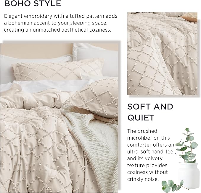 Bedsure Full Size Comforter Set - Beige Comforter, Boho Tufted Shabby Chic Bedding Comforter Set, 3 Pieces Vintage Farmhouse Bed Set for All Seasons, Fluffy Soft Bedding Set with 2 Pillow Shams - LeafyLoom
