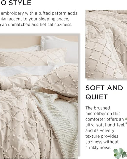 Bedsure King Size Comforter Set - Beige Comforter, Boho Tufted Shabby Chic Bedding Comforter Set, 3 Pieces Vintage Farmhouse Bed Set for All Seasons, Fluffy Soft Bedding Set with 2 Pillow Shams - LeafyLoom