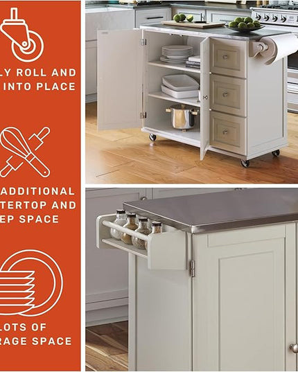 Homestyles Kitchen Cart with Stainless Steel Metal Top Rolling Mobile Kitchen Island with Storage and Towel Rack 54 Inch Width Off White - LeafyLoom