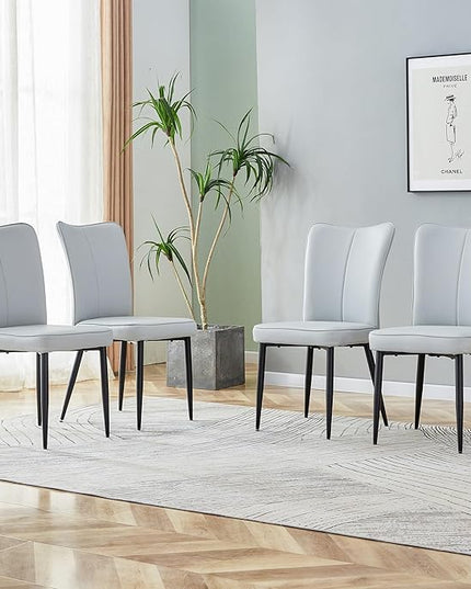 Modern Dining Chairs Set of 4, PU Leather Seat Cushions Light Gray Dining Room Chair, with Black Metal Legs Kitchen Chair for Home Living Room, Restaurant, Light Gray Chair Black Legs - LeafyLoom