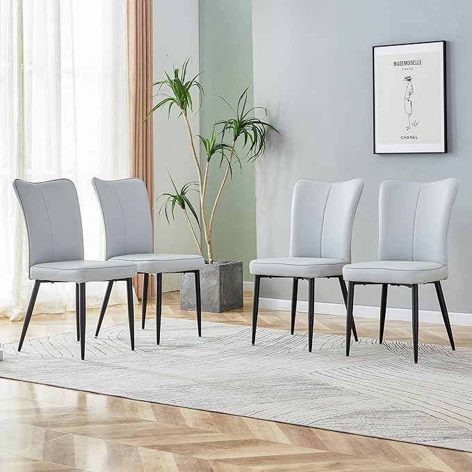 Modern Dining Chairs Set of 4, PU Leather Seat Cushions Light Gray Dining Room Chair, with Black Metal Legs Kitchen Chair for Home Living Room, Restaurant, Light Gray Chair Black Legs - LeafyLoom