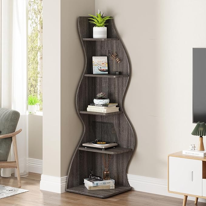 Small Corner Shelf, Modern 5-Tier Wall Corner Bookshelf, Stylish Bookcase Storage Rack for Small Space,Living Room. Bedroom - LeafyLoom