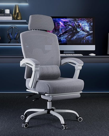 MCQ Office Computer Desk Chair, Gaming Chairs for Adults, High-Back Mesh Rolling Swivel Reclining Chairs with Wheels, Comfortable Lumbar Support, Comfy Arms for Home, Office, Gaming, Student, Grey - LeafyLoom
