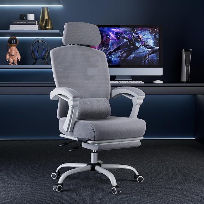 MCQ Office Computer Desk Chair, Gaming Chairs for Adults, High-Back Mesh Rolling Swivel Reclining Chairs with Wheels, Comfortable Lumbar Support, Comfy Arms for Home, Office, Gaming, Student, Grey - LeafyLoom