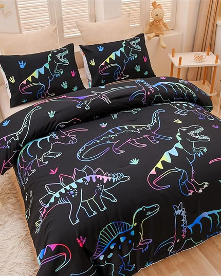 Meeting Story Dinosaur Comforter Set, Fluorescence Dinosaur Colorful Pattern Style Twin Comforter Set, 3 PCS 1 Comforter and 2 Pillowcases in One Bag, All Season Bedspread for Kids Teens Adults（Twin） - LeafyLoom