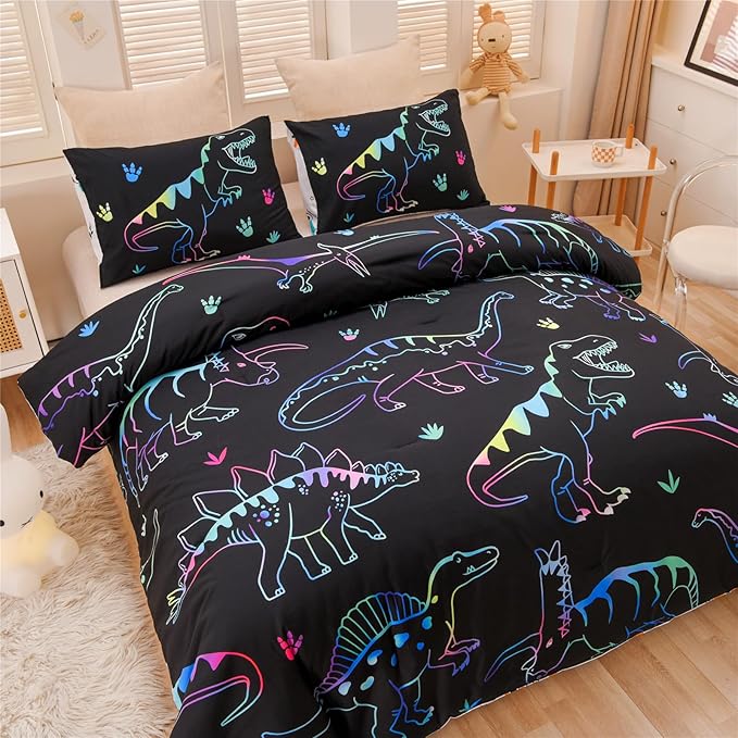 Meeting Story Dinosaur Comforter Set,Fluorescence Dinosaur Colorful Pattern Twin Comforter Set, 3 PCS 1 Comforter and 2 Pillowcases in One Bag, All Season Bedspread for Kids Teens Adults(Full) - LeafyLoom