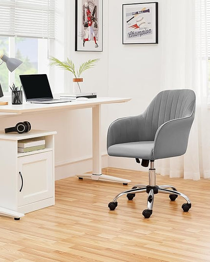 Yaheetech Modern Velvet Desk Chair Vanity Chair Height-Adjustable Swivel Computer Chair for Makeup Room Living Room Bedroom Soft Upholstered Office Chair Light Gray - LeafyLoom