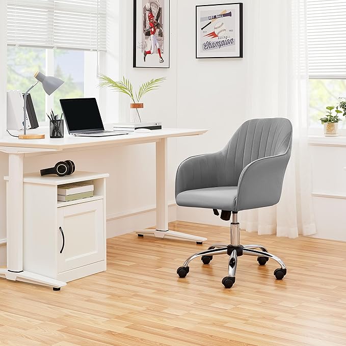 Yaheetech Modern Velvet Desk Chair Vanity Chair Height-Adjustable Swivel Computer Chair for Makeup Room Living Room Bedroom Soft Upholstered Office Chair Light Gray - LeafyLoom