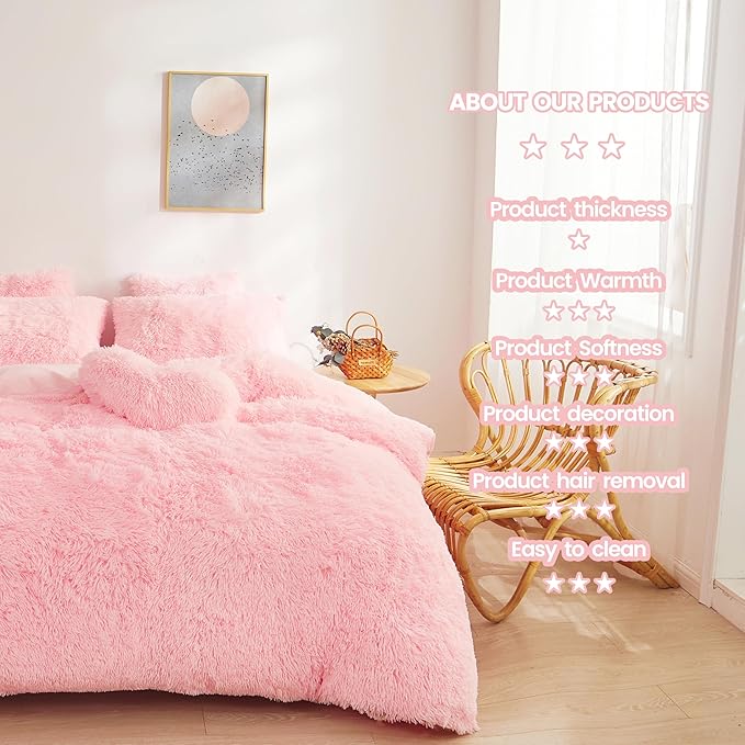 Fluffy Faux Fur Pink Comforter Cover Set Queen - Ultra Soft Plush Pink Bedding Sets 3 Pieces (1 fluffy duvet cover + 2 Faux Fur Pillow case) Cute Pink Bed Set (Light Pink, Queen) - LeafyLoom